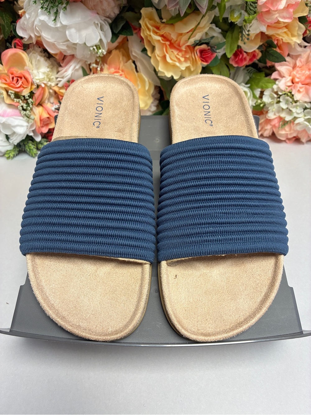 Vionic Evie Knit Slide Sandals Dark Denim Navy Women’s 9 VIO MOTION Comfort